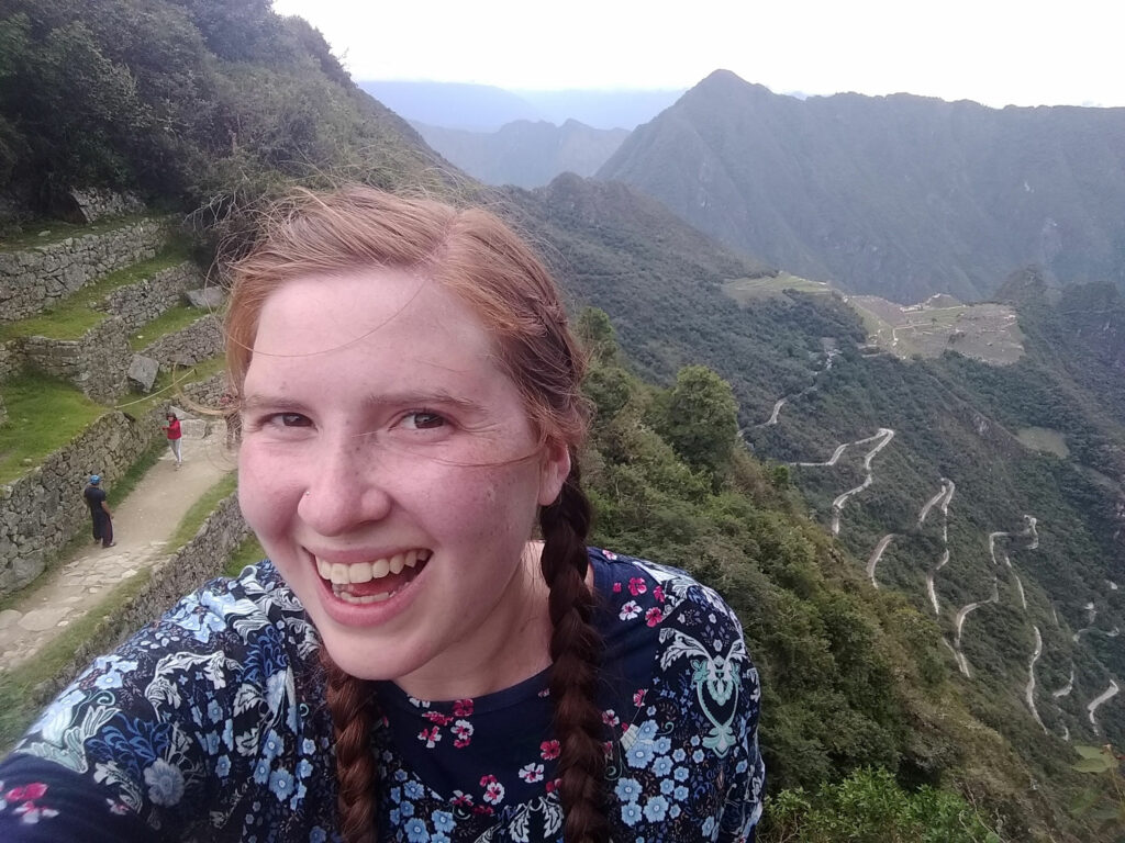 A selfie from the Sun Gate—about an hour hike from Machu Picchu, Peru—which you can see over my shoulder.